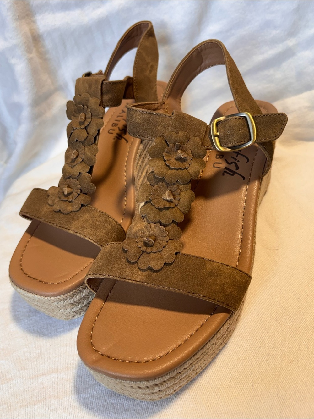 Brown Floral Suede Espadrille Wedge Sandals with Ankle Buckle